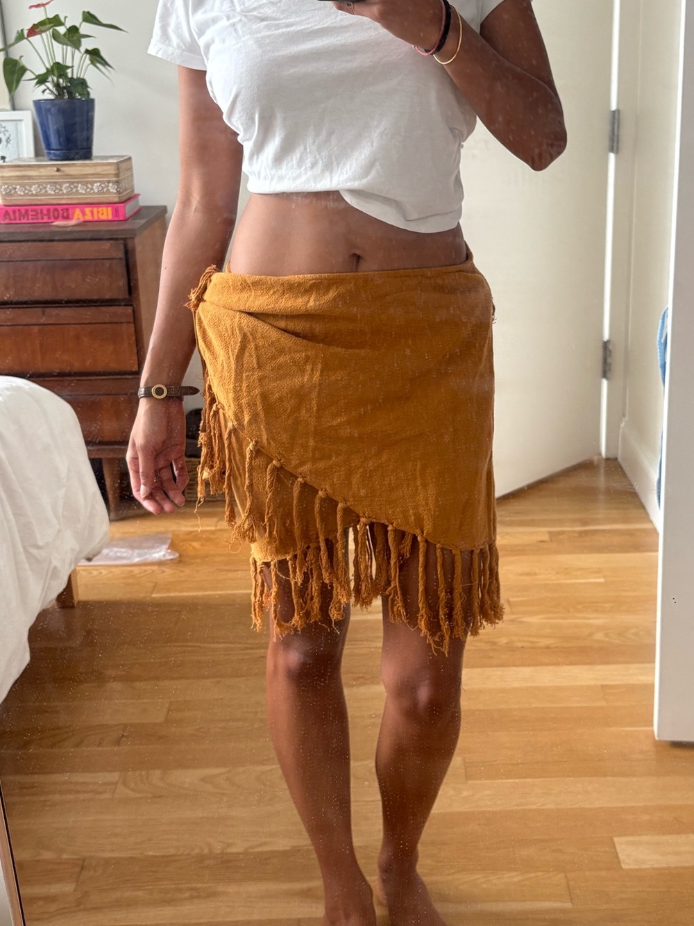 Zara Mustard Rust Orange Fringe Pareo Wrap Skirt Cover Up Size M